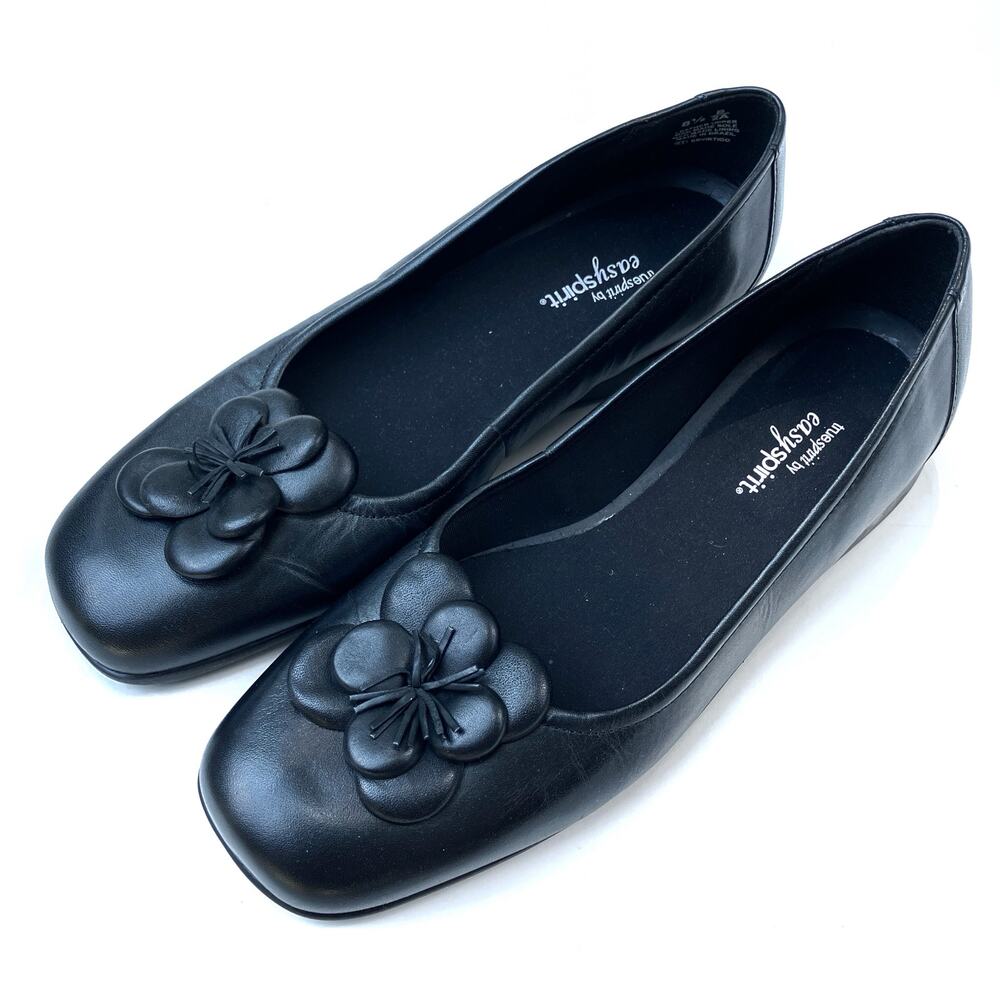 Easy Spirit | Black Square Toe Flower Slip One Shoe Loafer Leather Womens 8.5